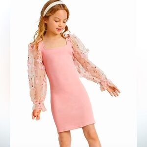 WDIRARA Girl’s Sheer Mesh Flounce Long Sleeve Appliqués Square Neck Dress